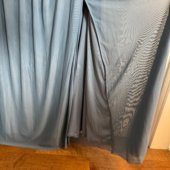 Little Mistress Plus size Bridesmaids Bardot Gathered Maxi Dress in Mesh - Blue - Picture 6 of 7